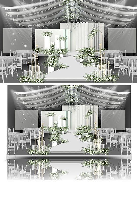 绿色清新森系婚礼主场景效果图舞台白绿色