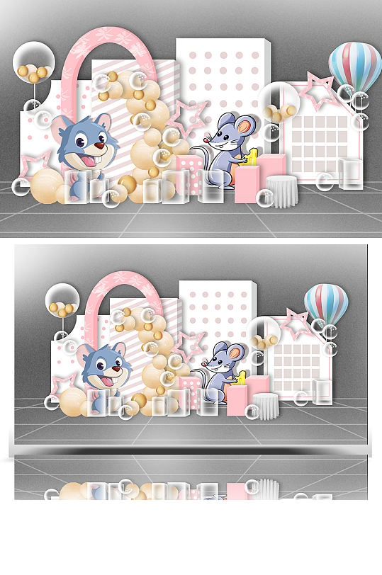 粉色宝宝宴效果图卡通可爱生日宴合影迎宾-众图网