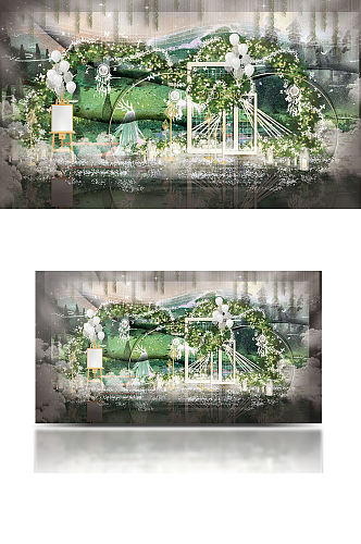 绿色森系简约小清新婚礼工装效果图背景板