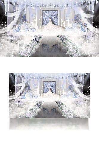 蓝紫色梦幻西式婚礼效果图舞台仪式区纱幔