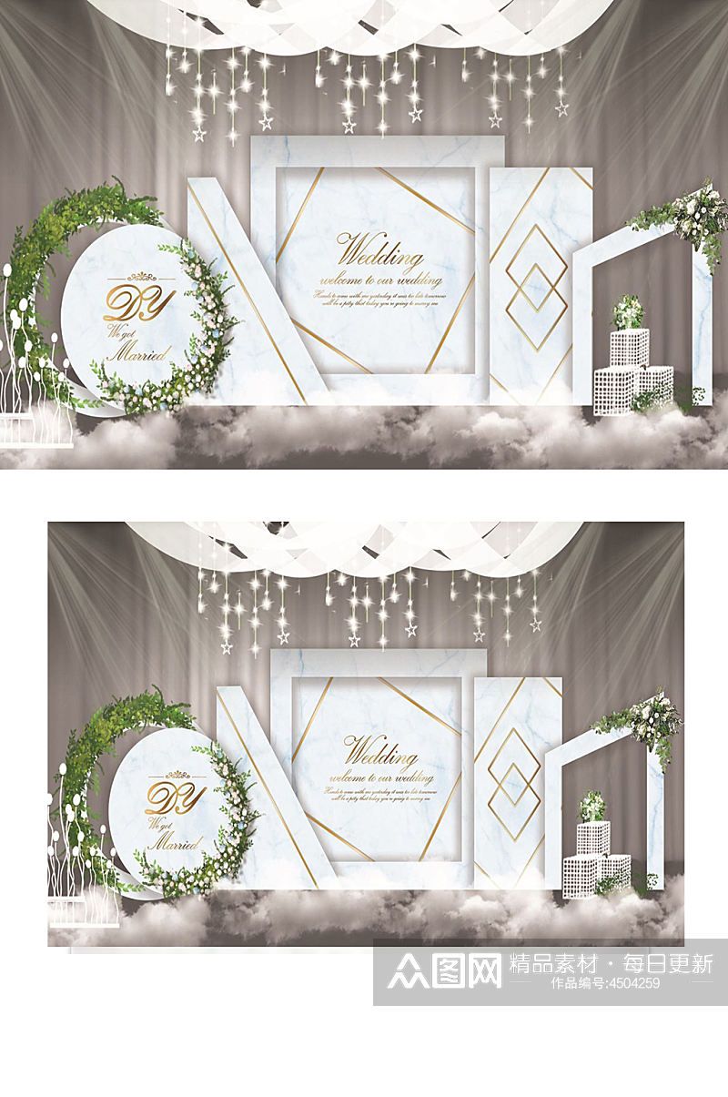 白绿色婚礼迎宾区效果图唯美梦幻浪漫背景板素材