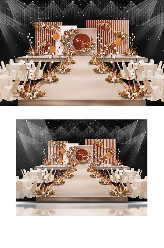 秋色莫兰迪橙黄色系舞台小成本婚礼效果图-众图网