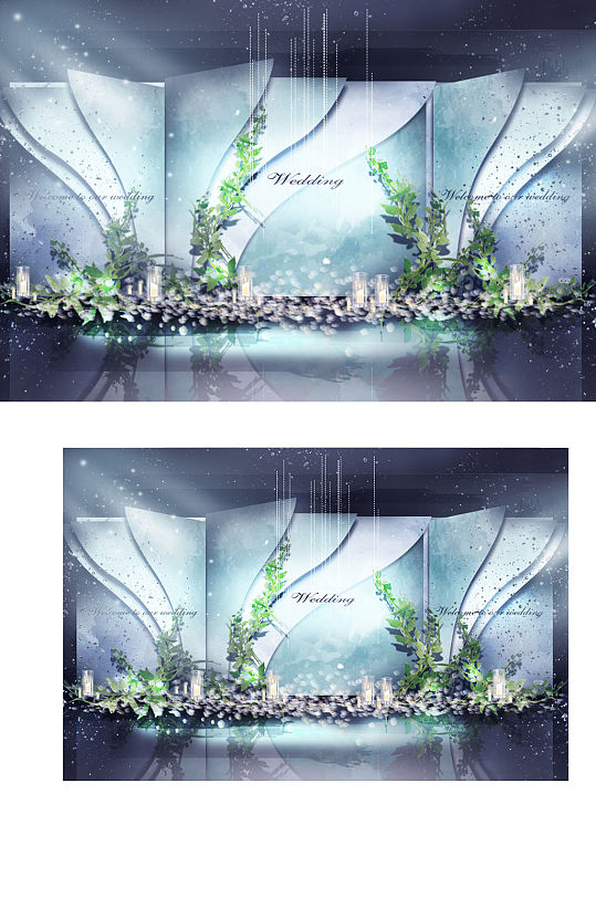 蓝色婚礼合影区效果图复古合影迎宾背景板-众图网