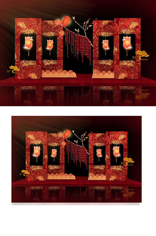 中式古典花灯祥云主题婚礼迎宾效果图背景板
