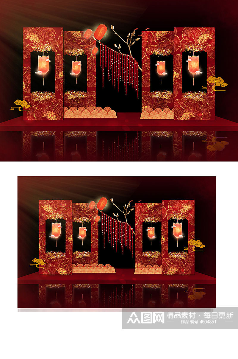 中式古典花灯祥云主题婚礼迎宾效果图背景板素材