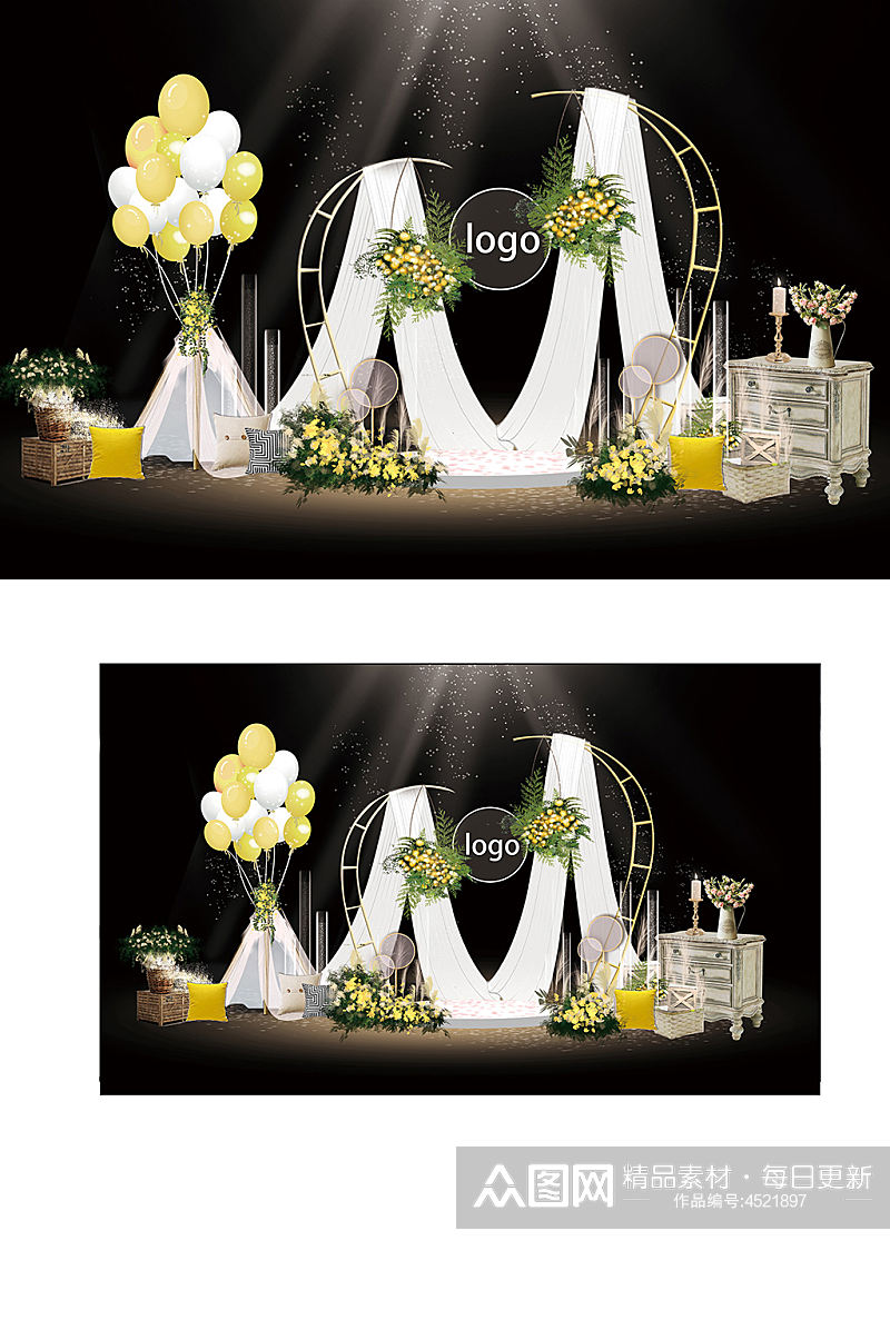 黄色户外婚礼效果图布幔唯美合影气球素材