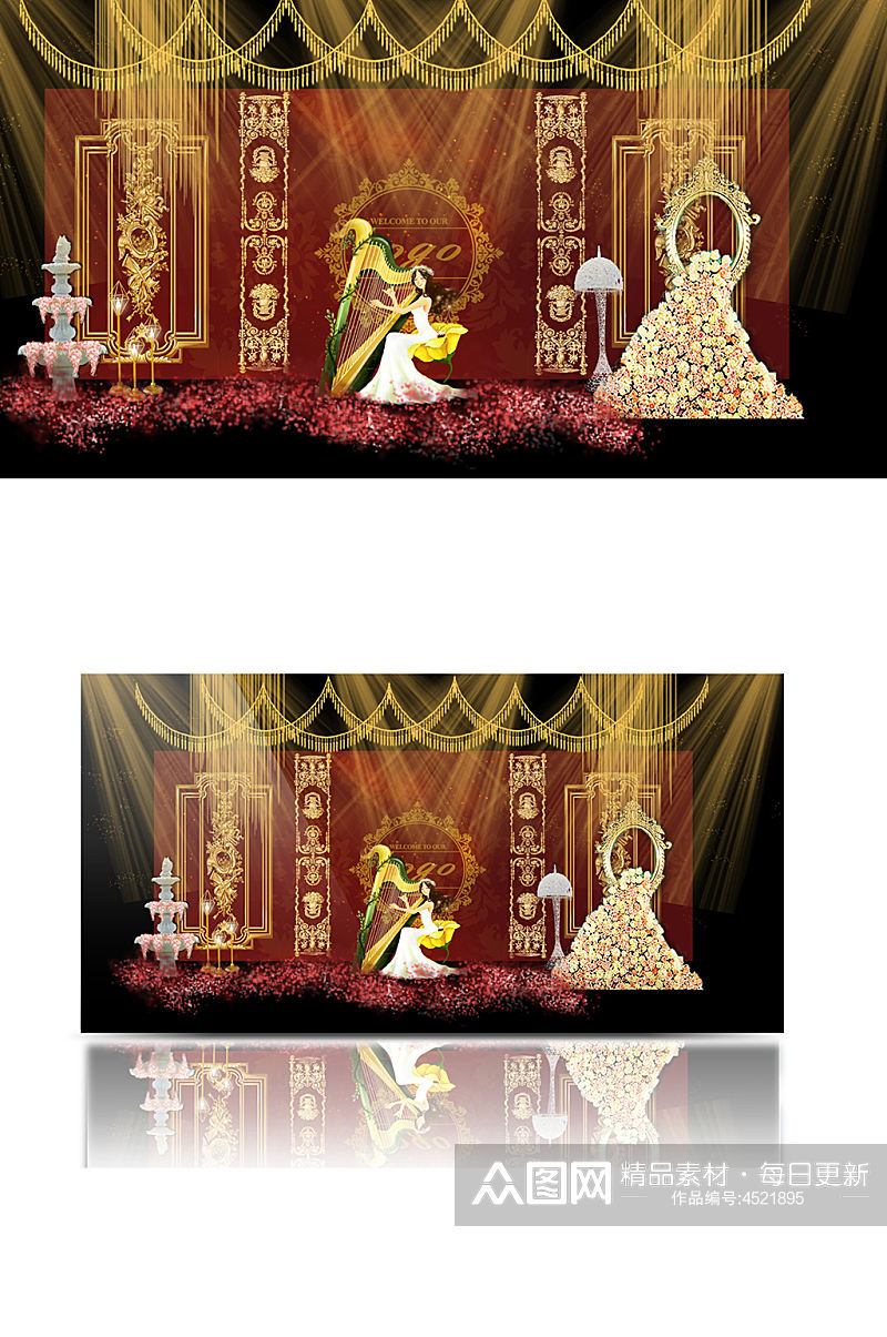 欧式婚礼迎宾区效果图香槟金红金合影背景板素材