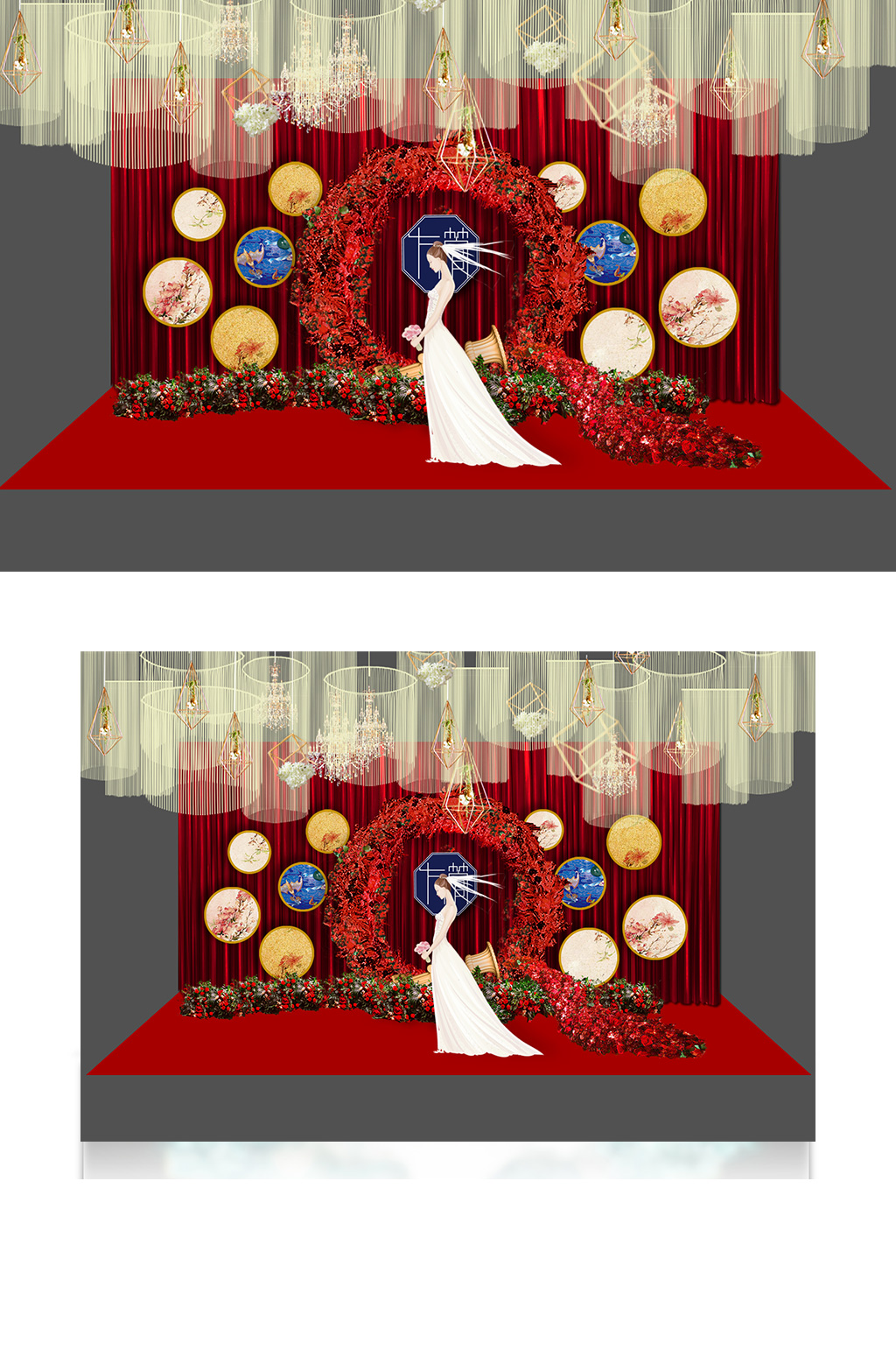 中国风中式婚礼效果图合影迎宾背景板素材