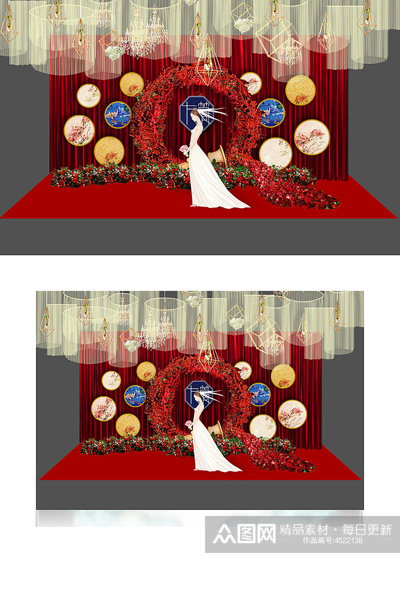 中国风中式婚礼效果图合影迎宾背景板素材
