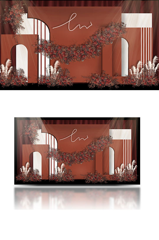 复古红色婚礼效果图浪漫花艺合影迎宾背景板-众图网