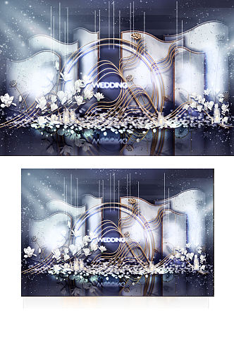 新中式婚礼合影区效果图蓝色唯美复古背景板