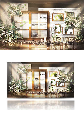 简约森系婚礼合影区效果图复古白绿金背景板
