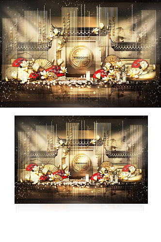 新中式婚礼合影区效果图红金色复古背景板