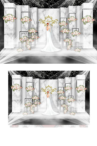 大理石欧式婚礼效果图白色简约合影背景板