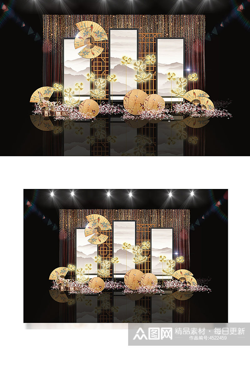 中式山水画屏风荷花中国风婚礼效果图香槟色素材