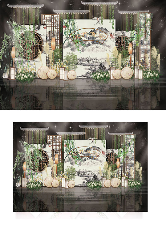 新中式香槟色绿色清新婚礼迎宾工装效果图-众图网