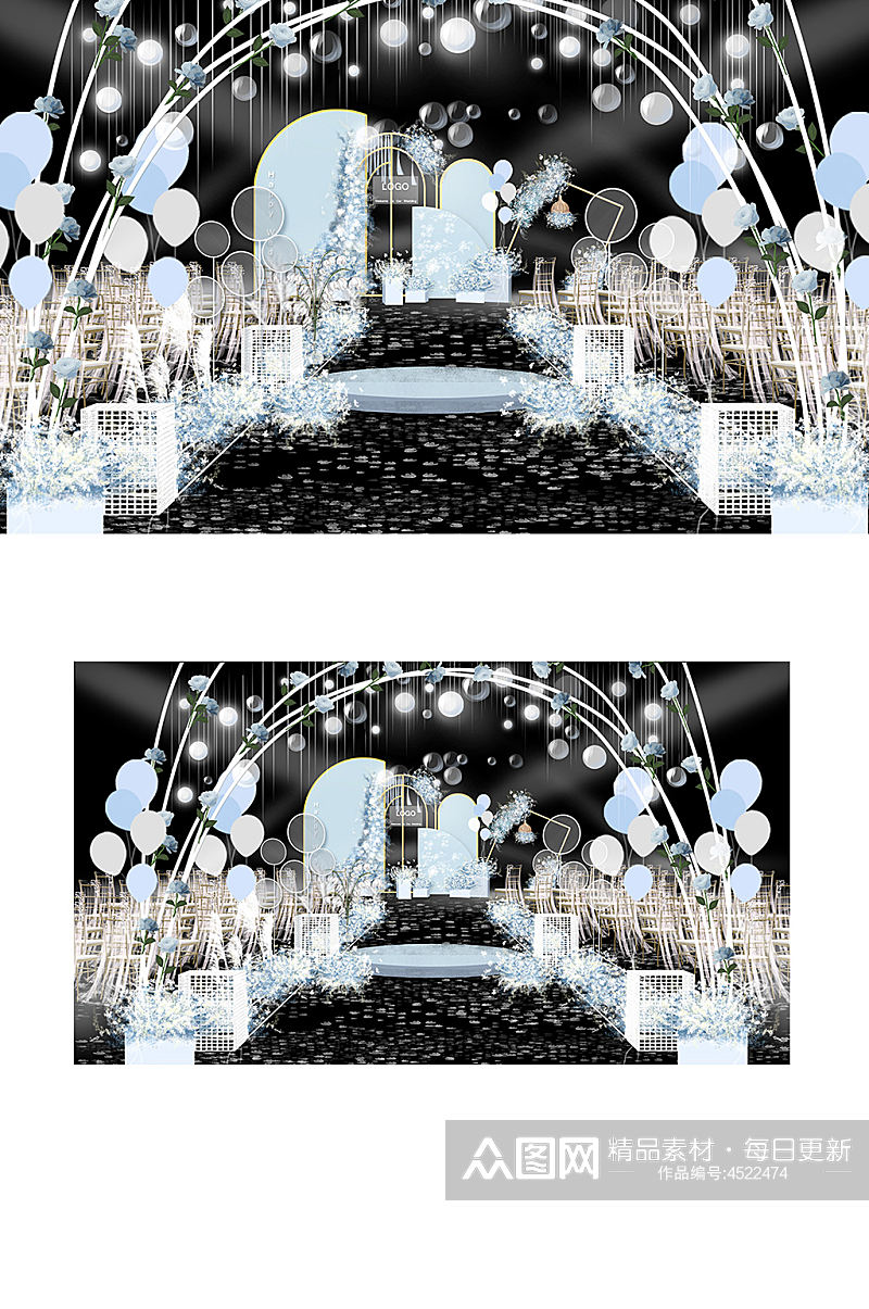淡蓝色户外婚礼效果图气球舞台仪式区梦幻素材