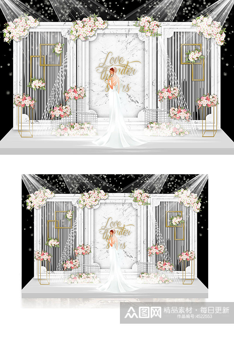 大理石室内婚礼效果图白色简约花艺背景板素材