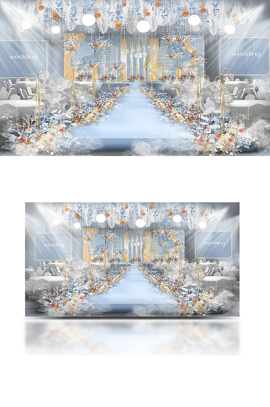 原创蓝黄色婚礼主舞台效果图梦幻仪式区-众图网