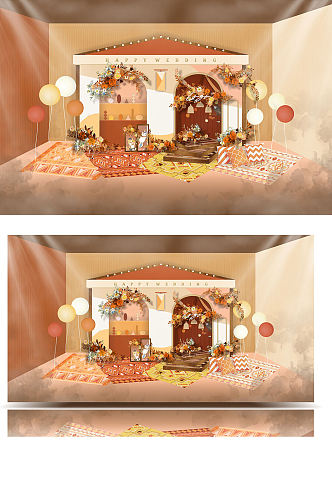 原创橙黄色原木风格猫咪婚礼合影效果图卡通
