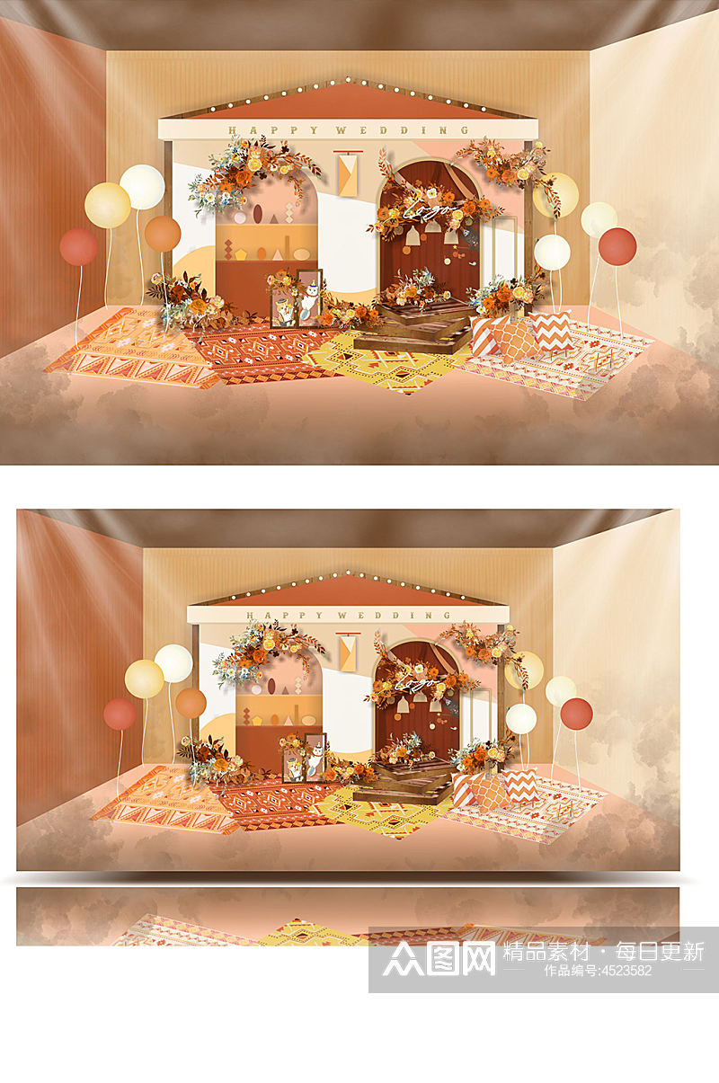 原创橙黄色原木风格猫咪婚礼合影效果图卡通素材