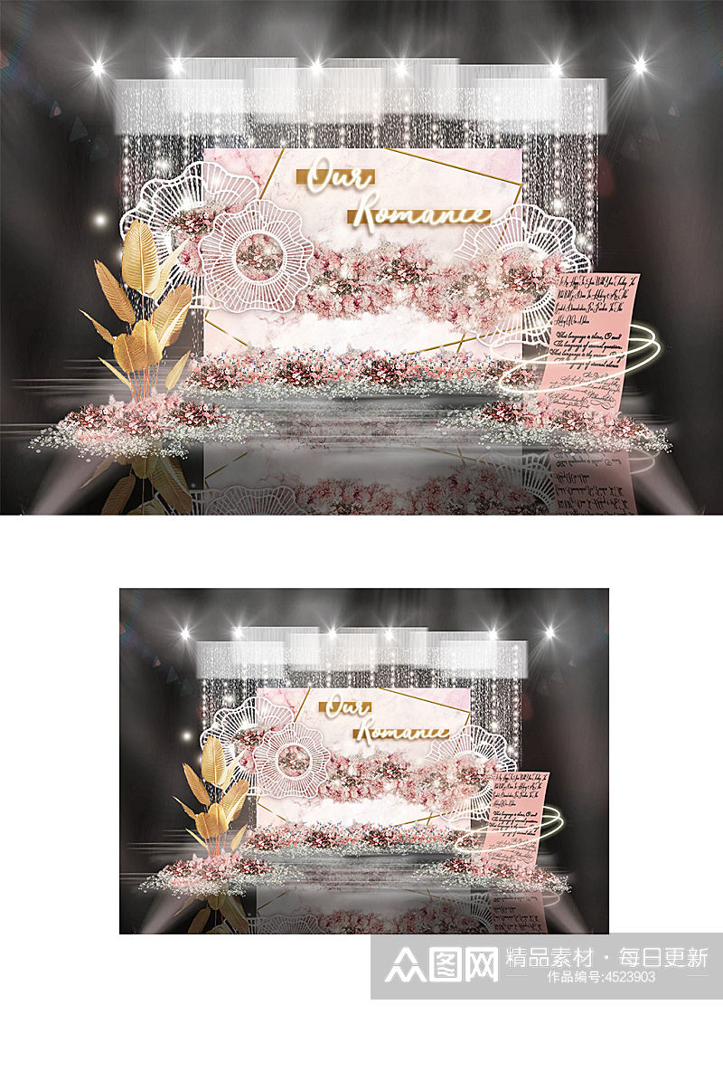 粉色拼色大理石背景镂空花海金边婚礼效果图素材