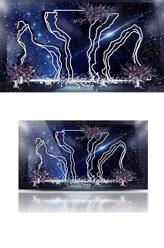 星空异形婚礼迎宾区效果图梦幻蓝色背景板-众图网