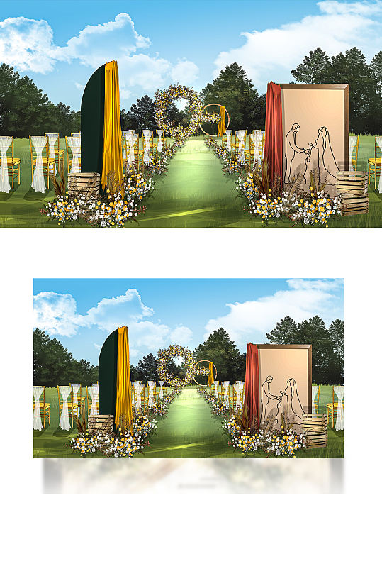 户外唯美撞色婚礼效果图草坪复古木质仪式区-众图网