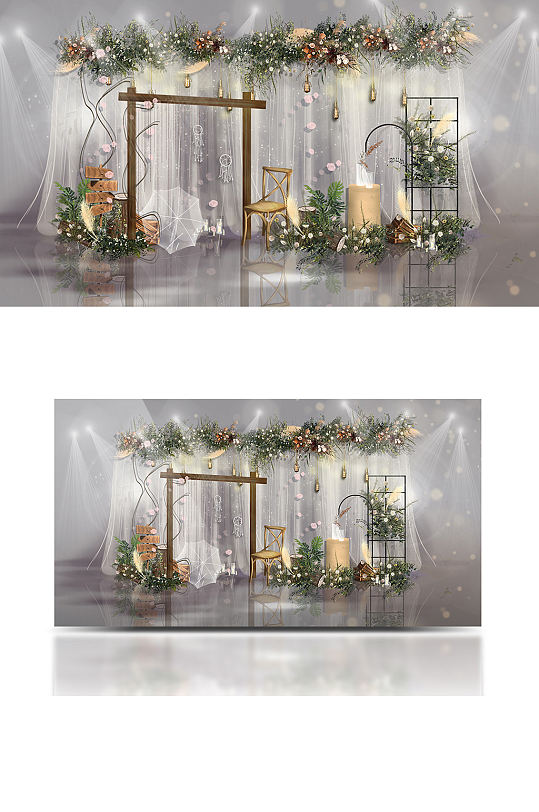复古森系浪漫婚礼效果图花艺纱幔背景板-众图网