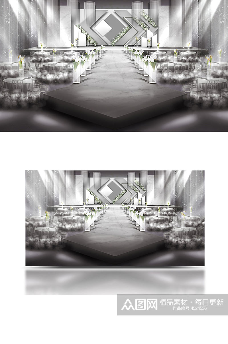 灰色几何现代婚礼效果图白色舞台仪式区素材