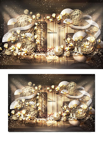 新中式婚礼合影区效果图香槟金欧式背景板