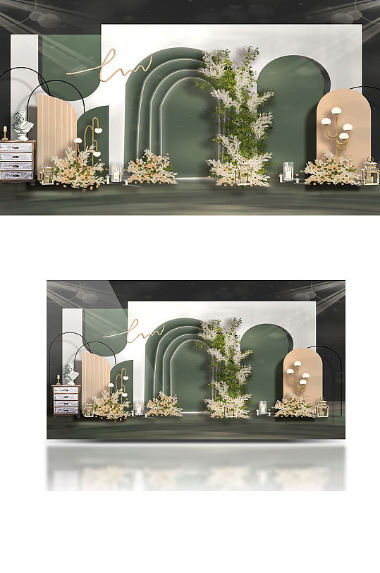 墨绿色婚礼白绿色婚礼效果图合影背景板-众图网