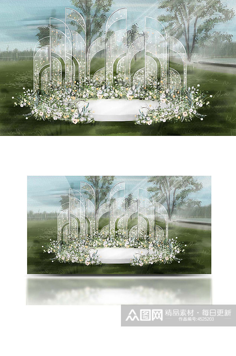 原创手绘清新淡雅户外婚礼草坪花艺白色素材