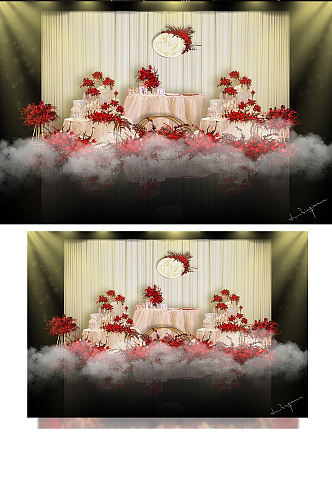 红香槟欧式婚礼甜品区简约中式合影背景板