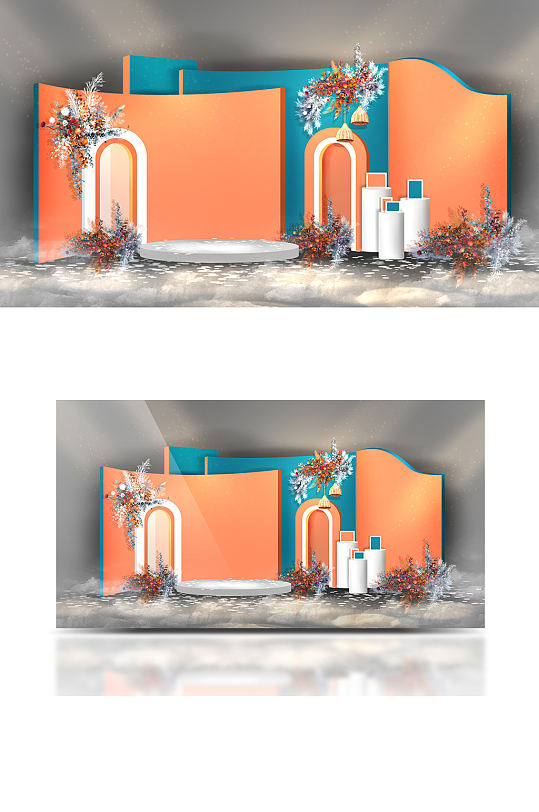 原创蓝橘撞色婚礼手绘效果图合影区背景板-众图网