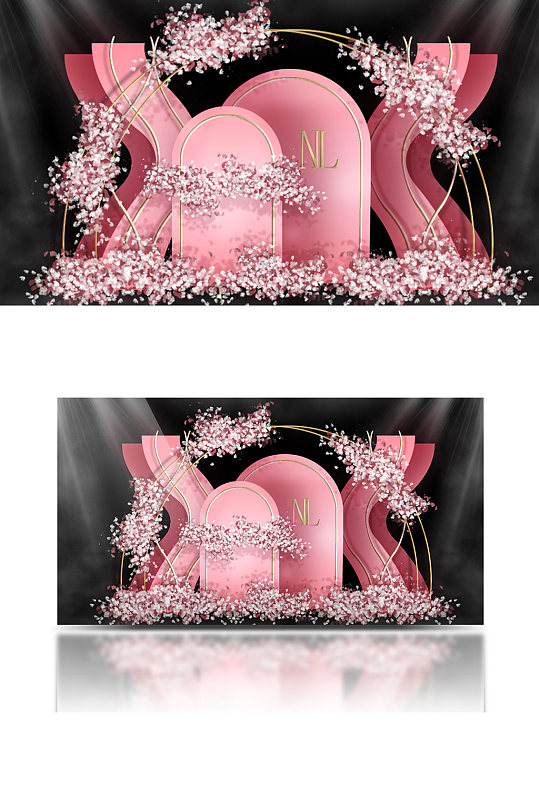 桃粉色婚礼效果图花艺浪漫唯美合影背景板-众图网