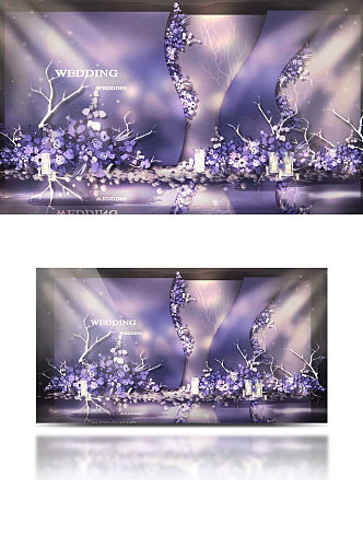 紫色婚礼合影区效果图梦幻合影迎宾背景板