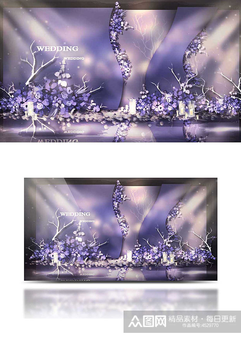 紫色婚礼合影区效果图梦幻合影迎宾背景板素材