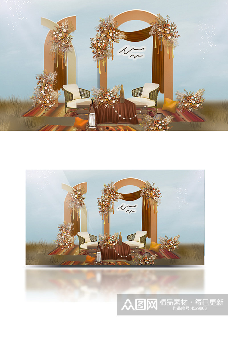 陶土色波西米亚沙漠婚礼手绘效果图户外花艺素材