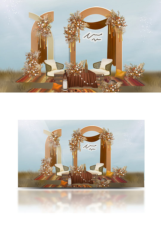 陶土色波西米亚沙漠婚礼手绘效果图户外花艺