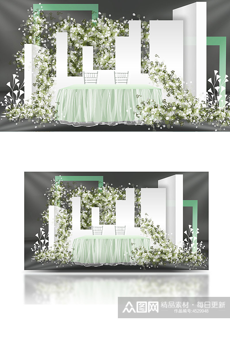 白绿色婚礼签到效果图清新甜品台合影背景板素材