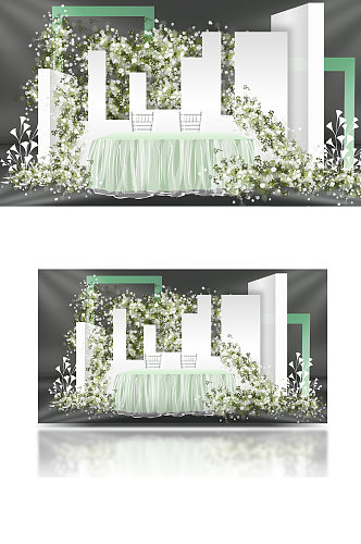 白绿色婚礼签到效果图清新甜品台合影背景板