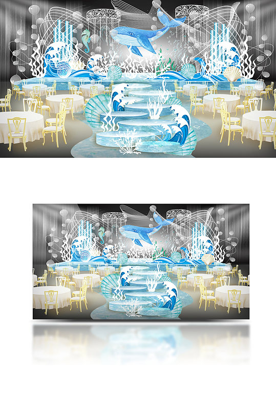 海洋婚礼主舞台效果图设计梦幻蓝色仪式区-众图网
