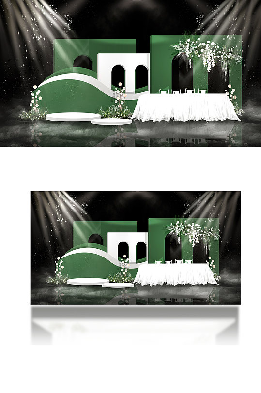 轻奢简约森系白绿色婚礼手绘效果图留影背景-众图网