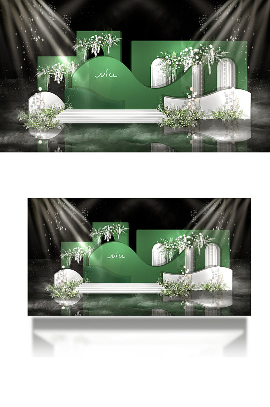 轻奢简约森系白绿色婚礼手绘效果图合影背景-众图网