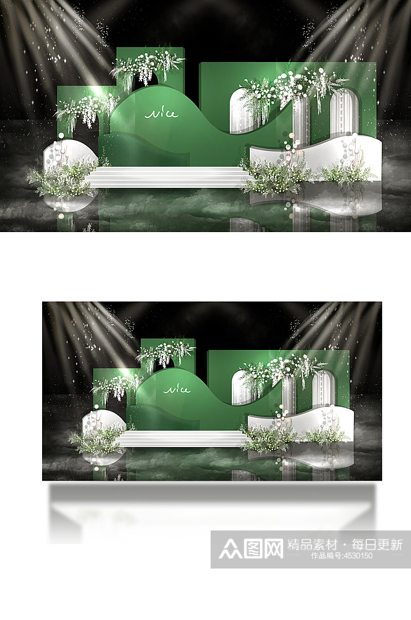 轻奢简约森系白绿色婚礼手绘效果图合影背景素材