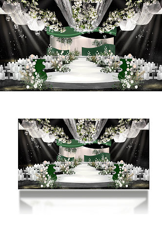 轻奢简约森系白绿色婚礼手绘效果图合影舞台