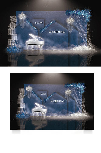 蓝梦幻婚礼效果图花艺梦幻星空合影背景板