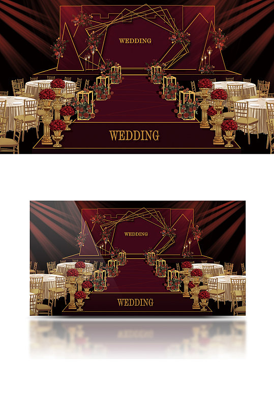 红黑色舞台婚礼效果图金色欧式轻奢仪式区-众图网