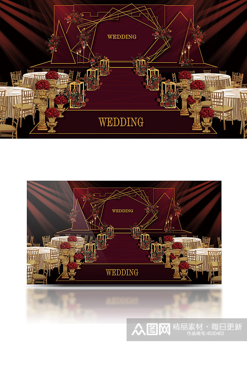 红黑色舞台婚礼效果图金色欧式轻奢仪式区素材